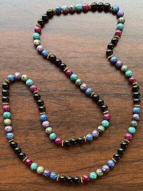 Vintage Onyx and Dyed Stone Necklace with Gold Tone Spacer Beads